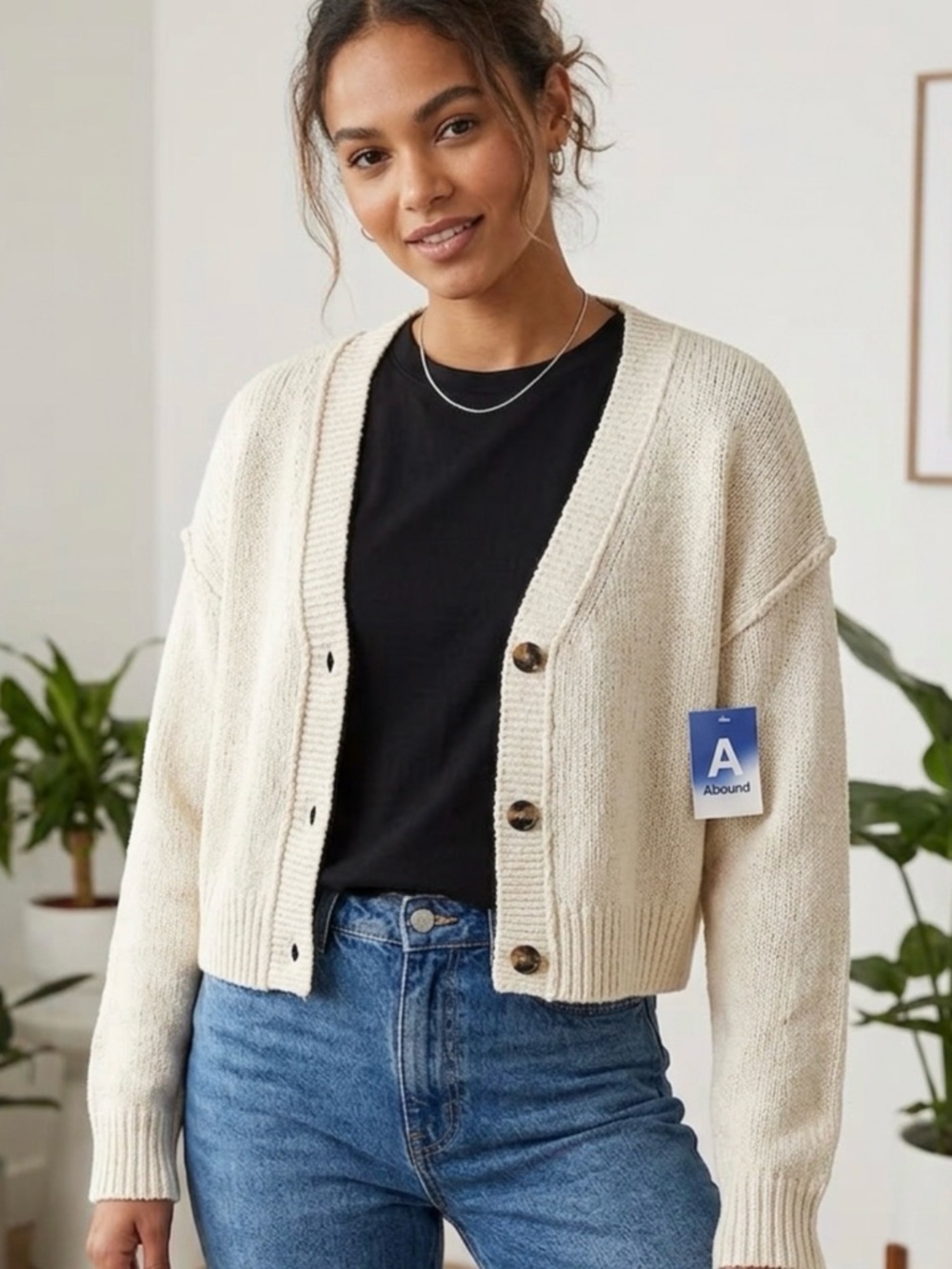 NWT Abound Cotton Blend Oatmeal Color Cropped Button-Front Cardigan
